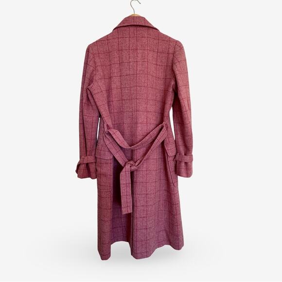 Vintage Pink Plaid Double-Breasted Coat Knee Length UK Size Small Belt Pockets - Picture 5 of 9